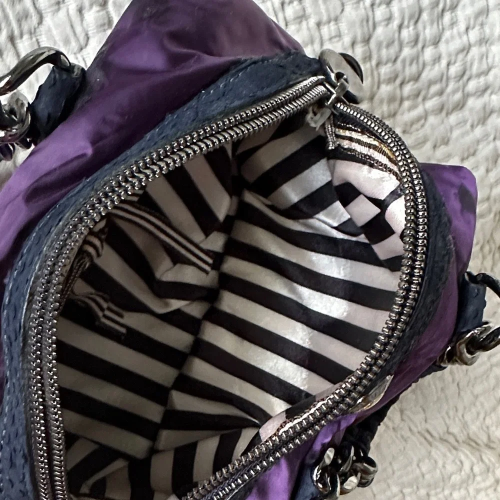 Henri Bendel Purple satin bag with Navy Blue and silver accents - Picture 7 of 16